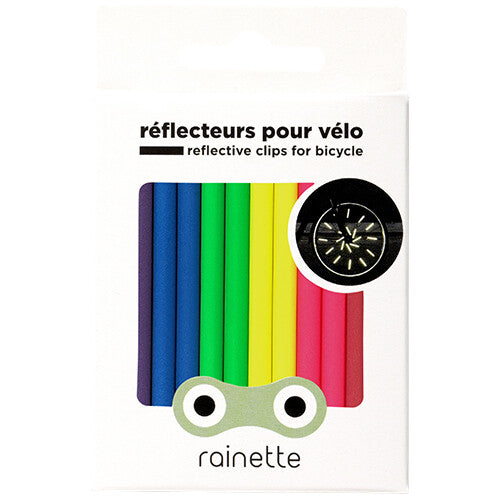 Verpakking van rainette spaakreflectoren in zes neon regenboogkleuren.