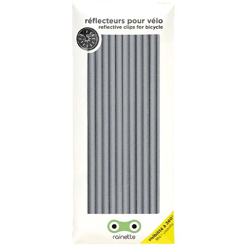 Verpakking van rainette spaakreflectoren met zilverkleurige reflecterende staafjes.