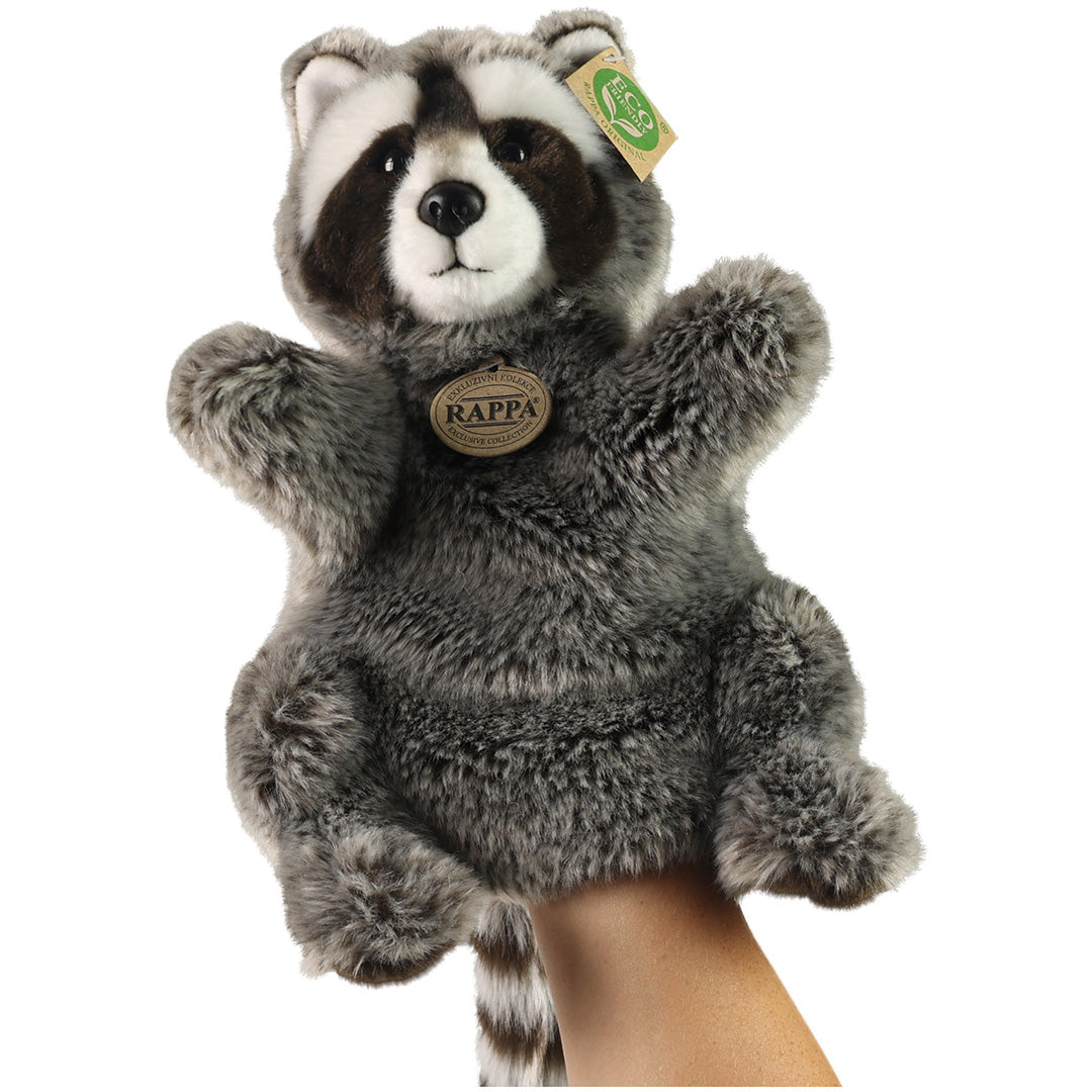 Rappa handpop wasbeer op een hand, met productlabels tegen een witte achtergrond.