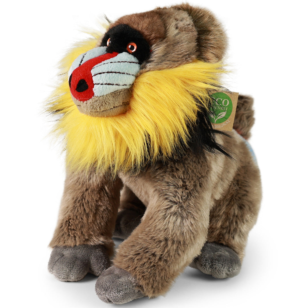 Rappa pluchen mandril knuffelaap met kleurrijk gezicht en gele manen, schuin van voren gezien.