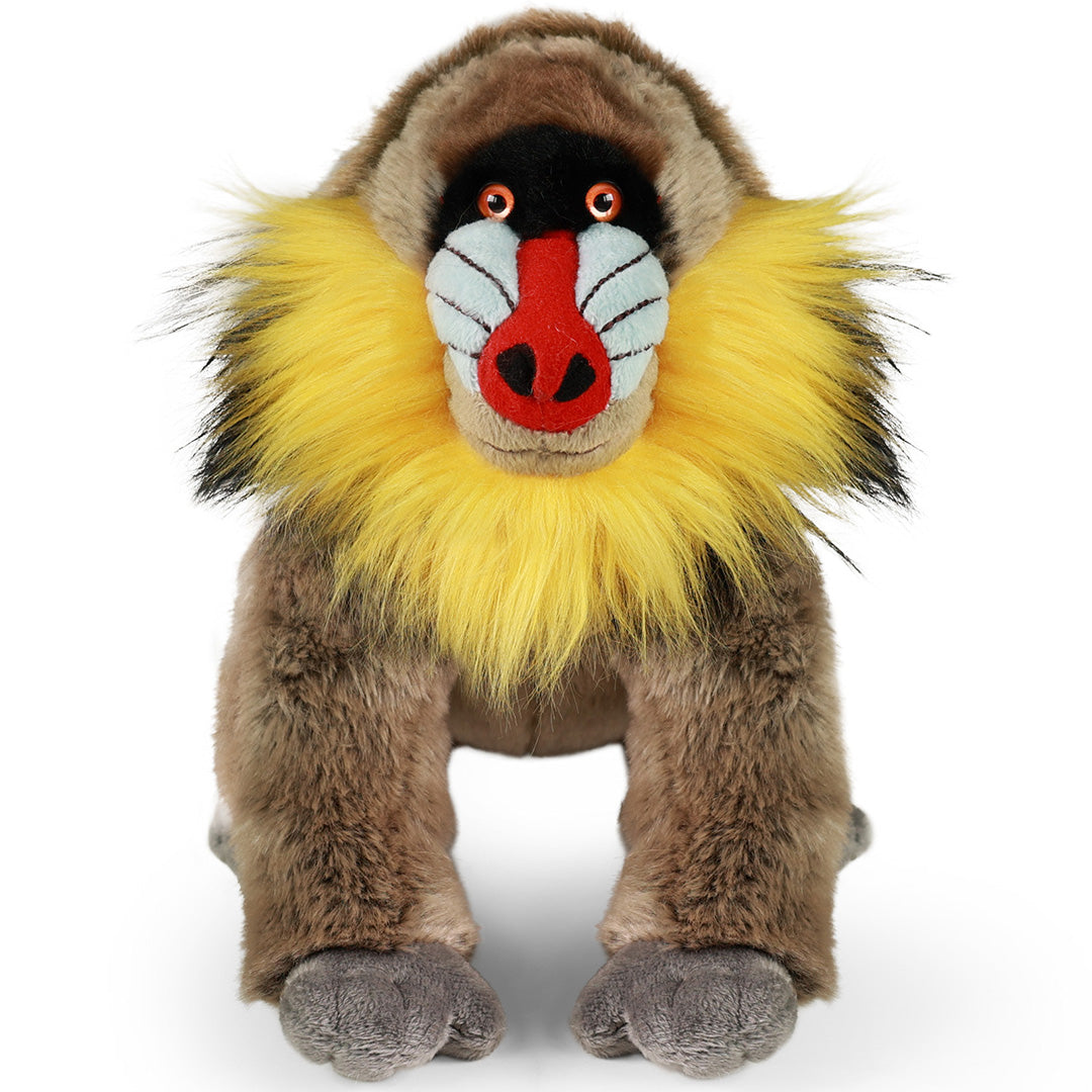 Rappa pluchen mandril knuffelaap met kleurrijk gezicht en gele manen, recht van voren gezien.