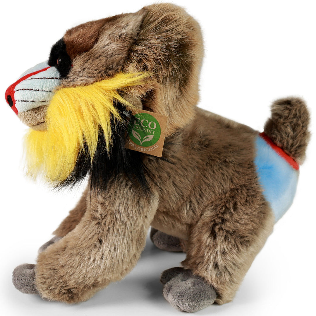 Rappa pluchen mandril knuffelaap, van de zijkant gezien, met bruine vacht en blauw-rode details op de achterkant.