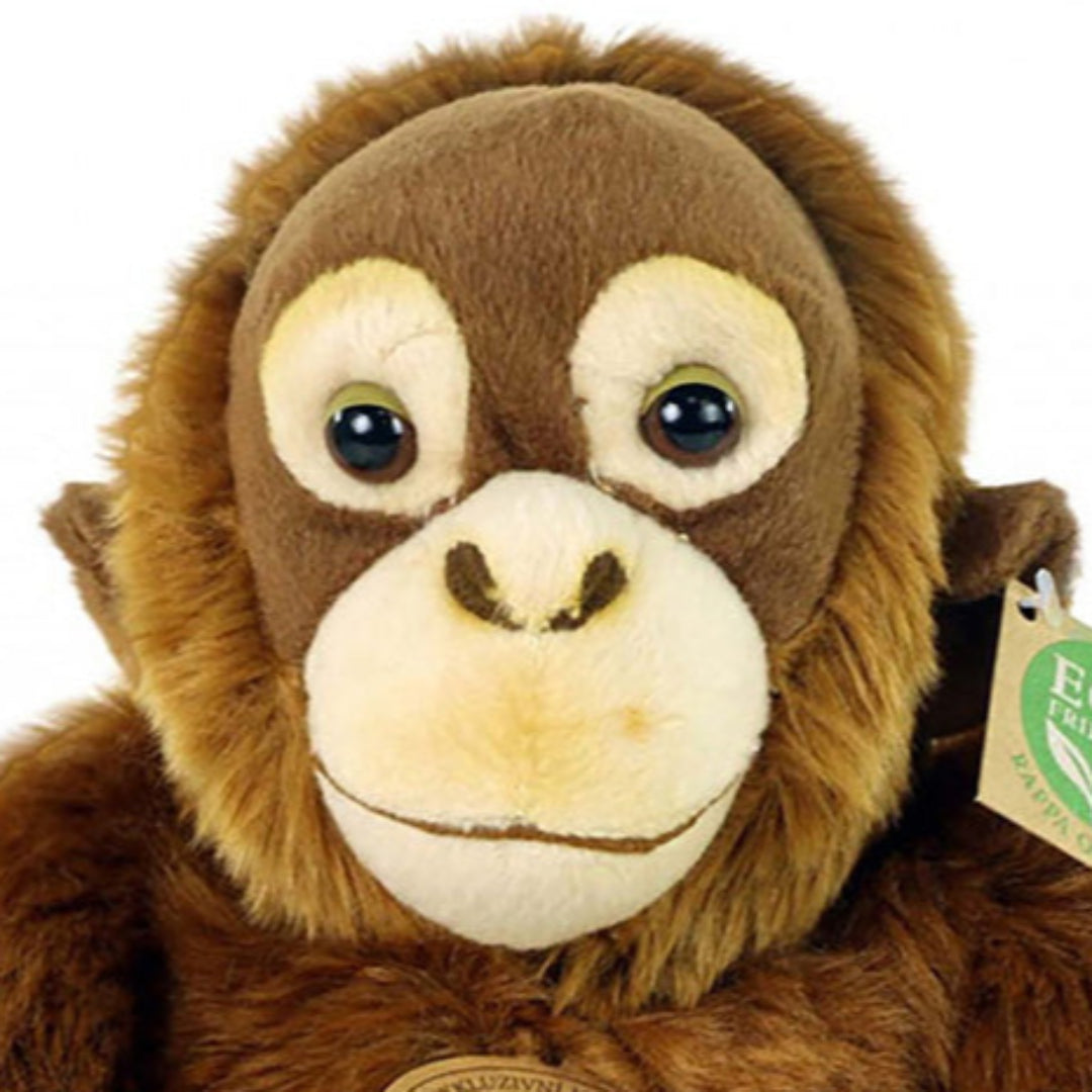 Detailopname van het gezicht van de Rappa pluchen orang-oetan knuffel.