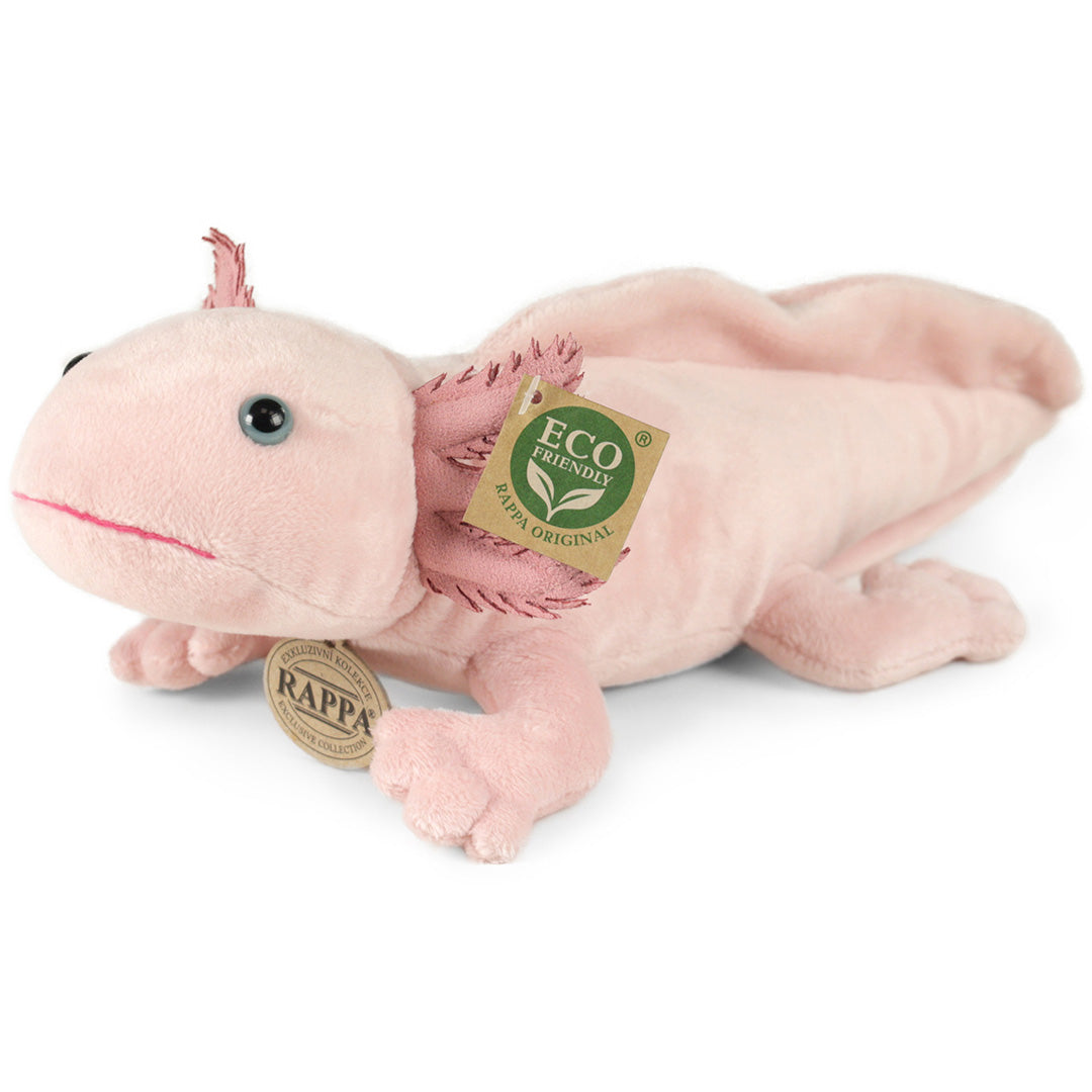 Rappa pluchen axolotl knuffel in roze kleur, schuin van voren gefotografeerd.