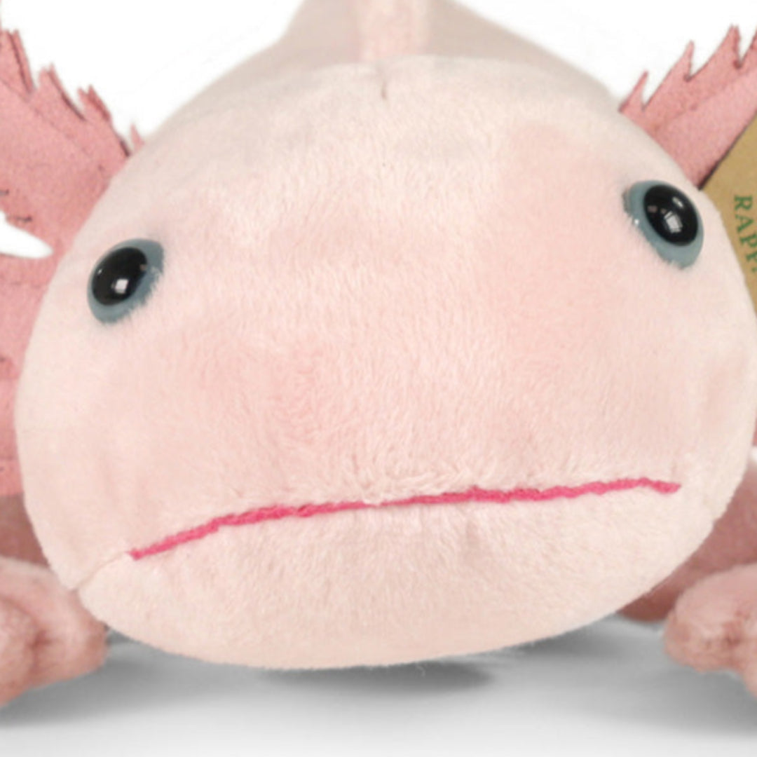 Detailopname van het gezicht van de roze pluchen axolotl knuffel.