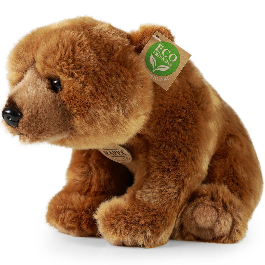 Rappa pluchen grizzlybeer, zittend en schuin van voren gefotografeerd, met 'Eco Friendly' label.