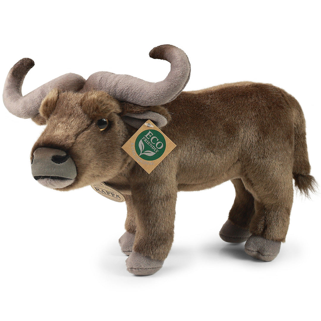 Rappa pluchen buffel met 'Eco Friendly' label, schuin van voren gefotografeerd.