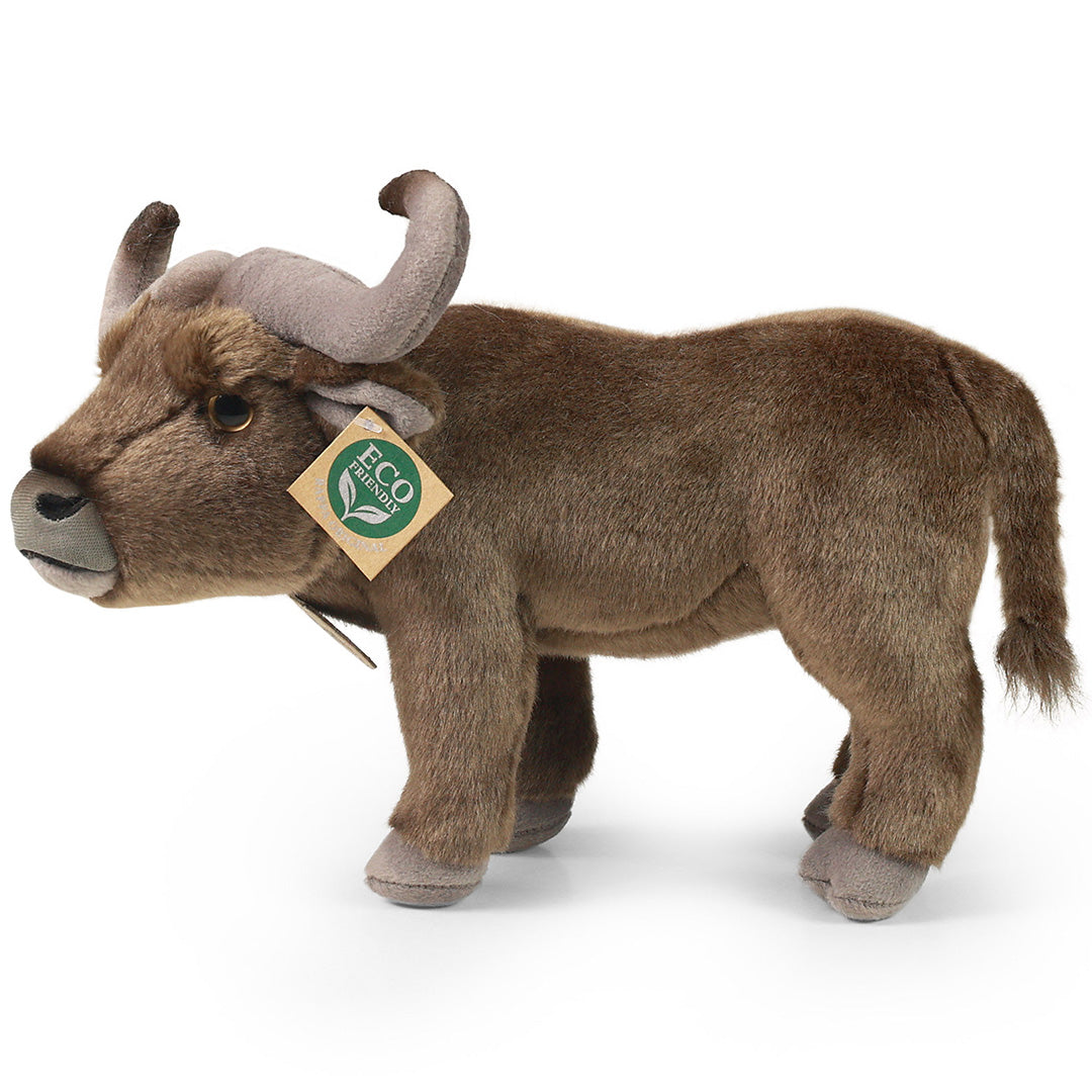 Rappa pluchen buffel met 'Eco Friendly' label, vanaf de rechterzijkant gefotografeerd.
