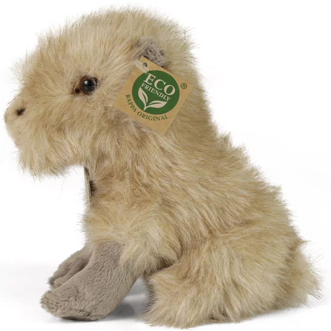 Rappa pluchen capibara knuffel, van de rechterzijkant gezien, met twee labels.