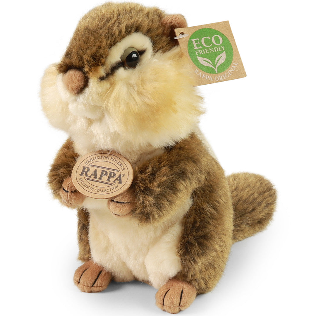 Rappa pluchen eekhoorn knuffel, schuin van voren gezien met labels.
