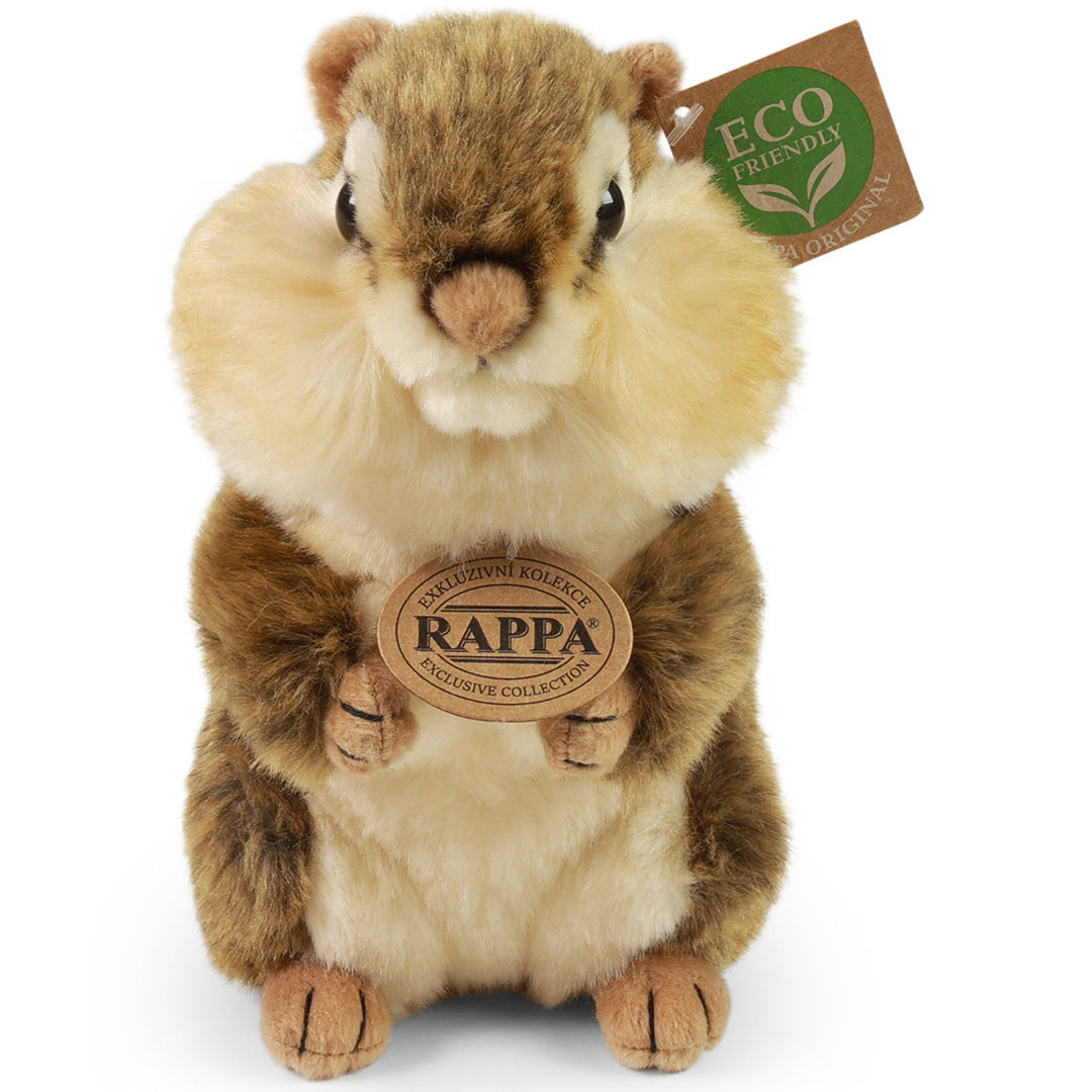 Rappa pluchen eekhoorn knuffel, recht van voren gezien met labels.