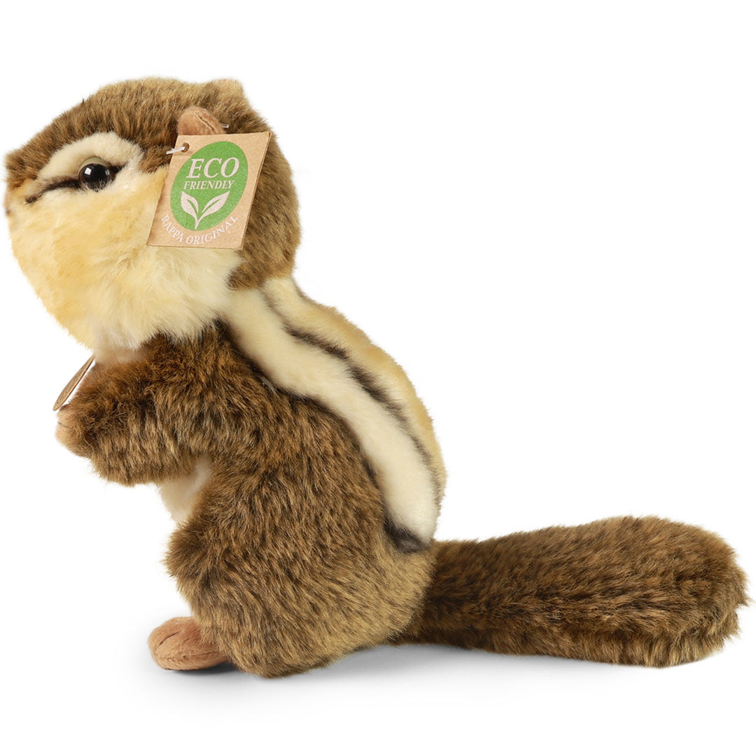 Rappa pluchen eekhoorn knuffel, van de zijkant gezien met labels.