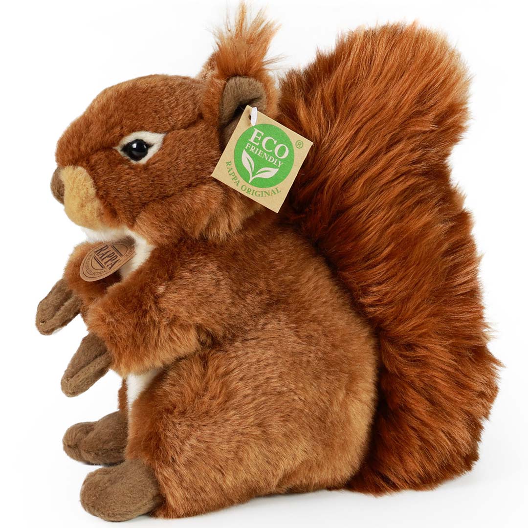 Rappa pluchen eekhoorn knuffel, bruin, zittend, van de linkerkant gezien.