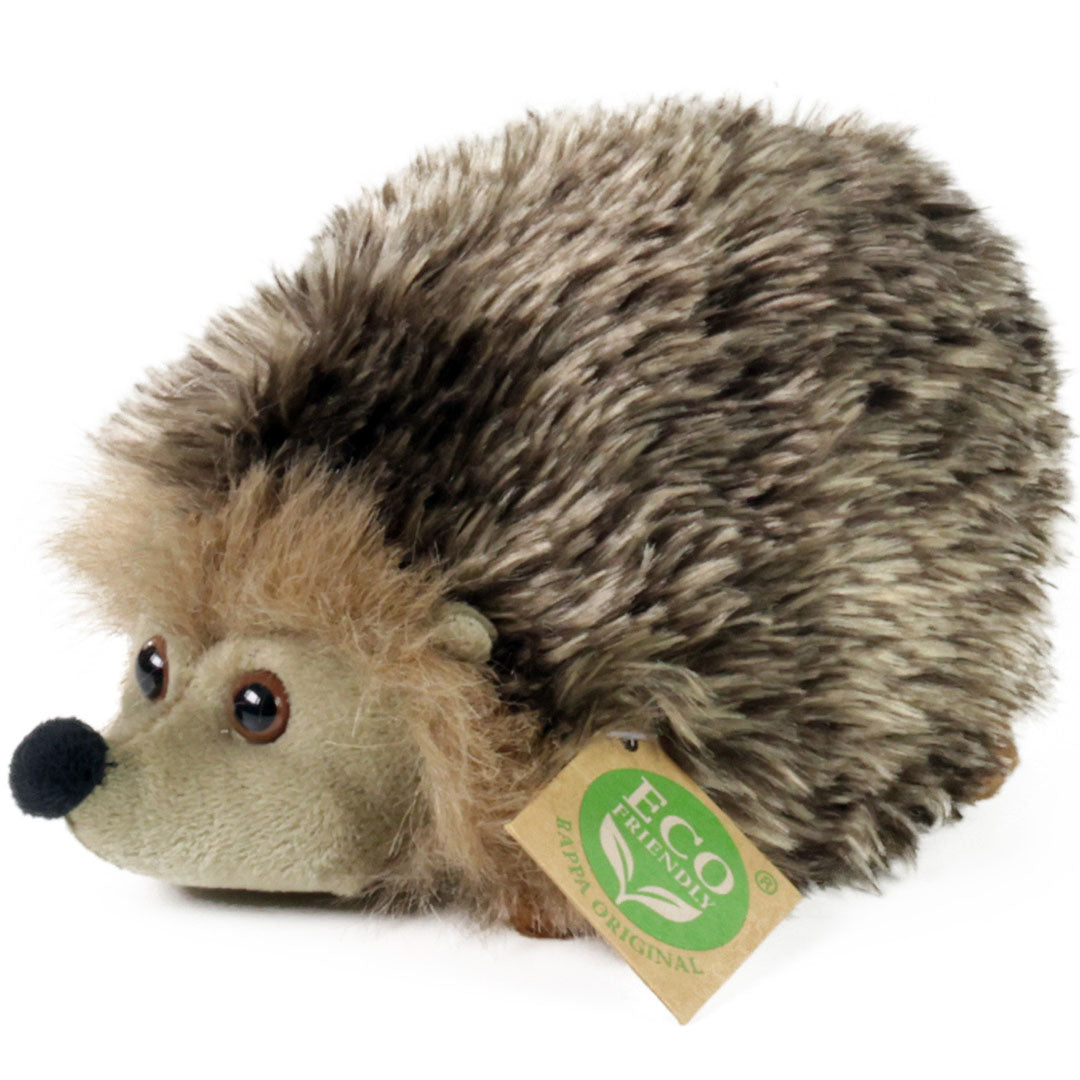 Rappa pluchen egel knuffel met 'Eco Friendly' label, schuin van voren gefotografeerd.