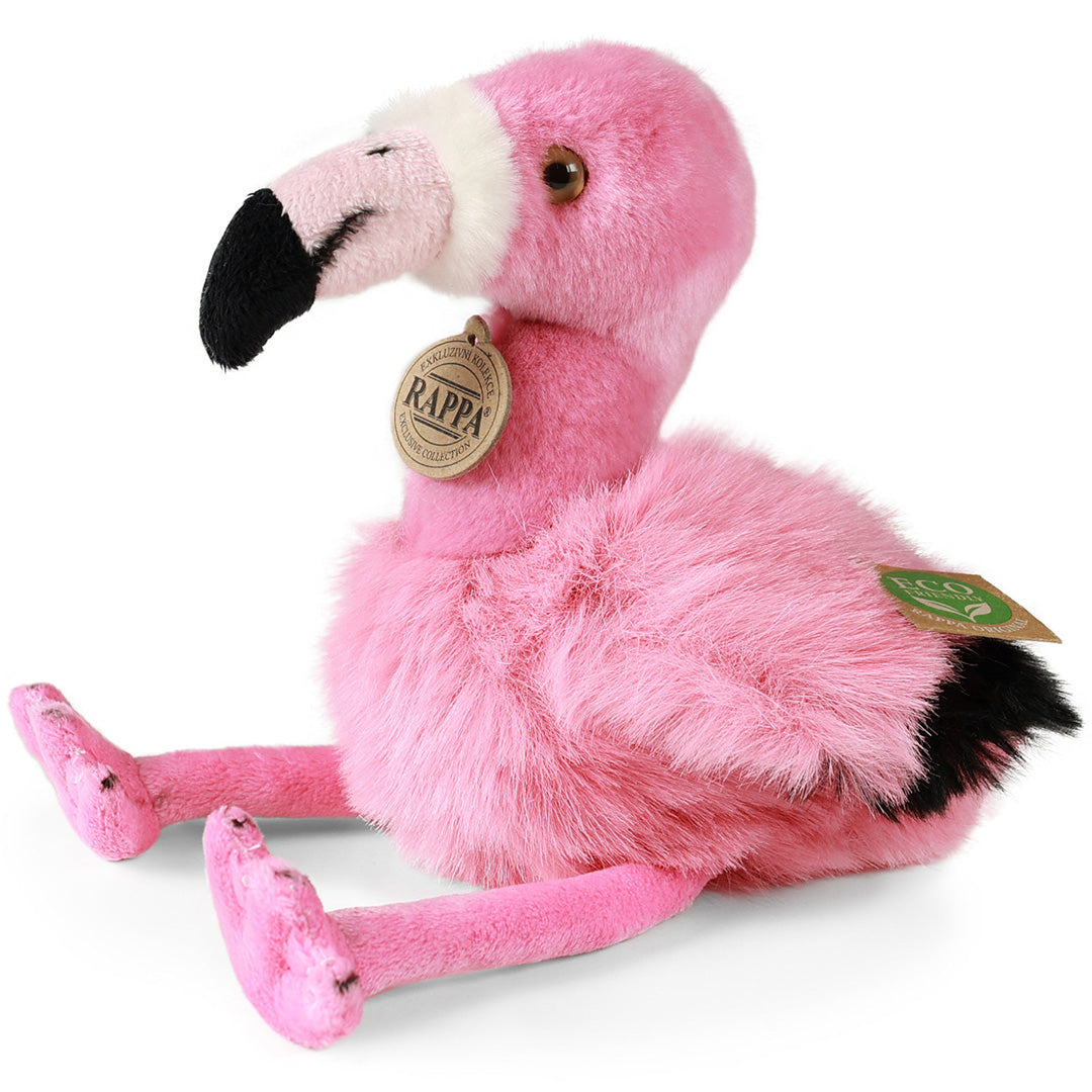 Rappa pluchen flamingo zittend.
