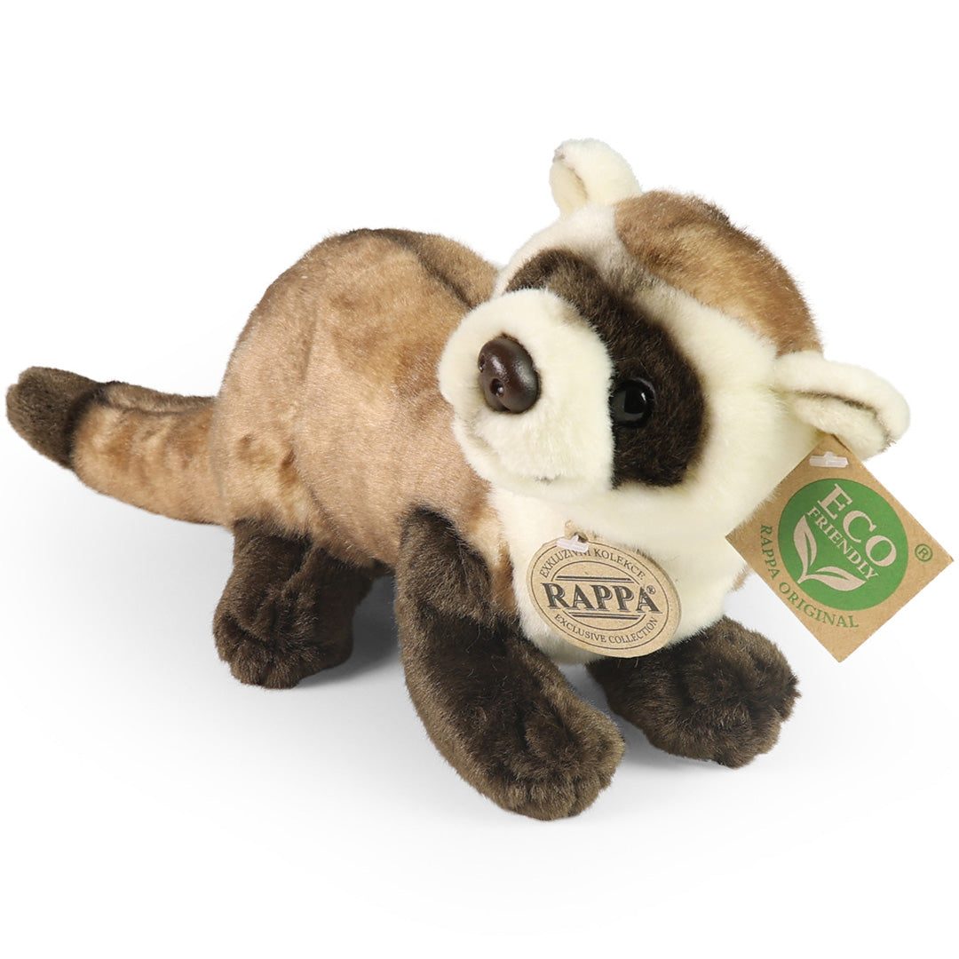 Rappa pluchen fret knuffel, schuin van voren gezien, met labels aan de nek.