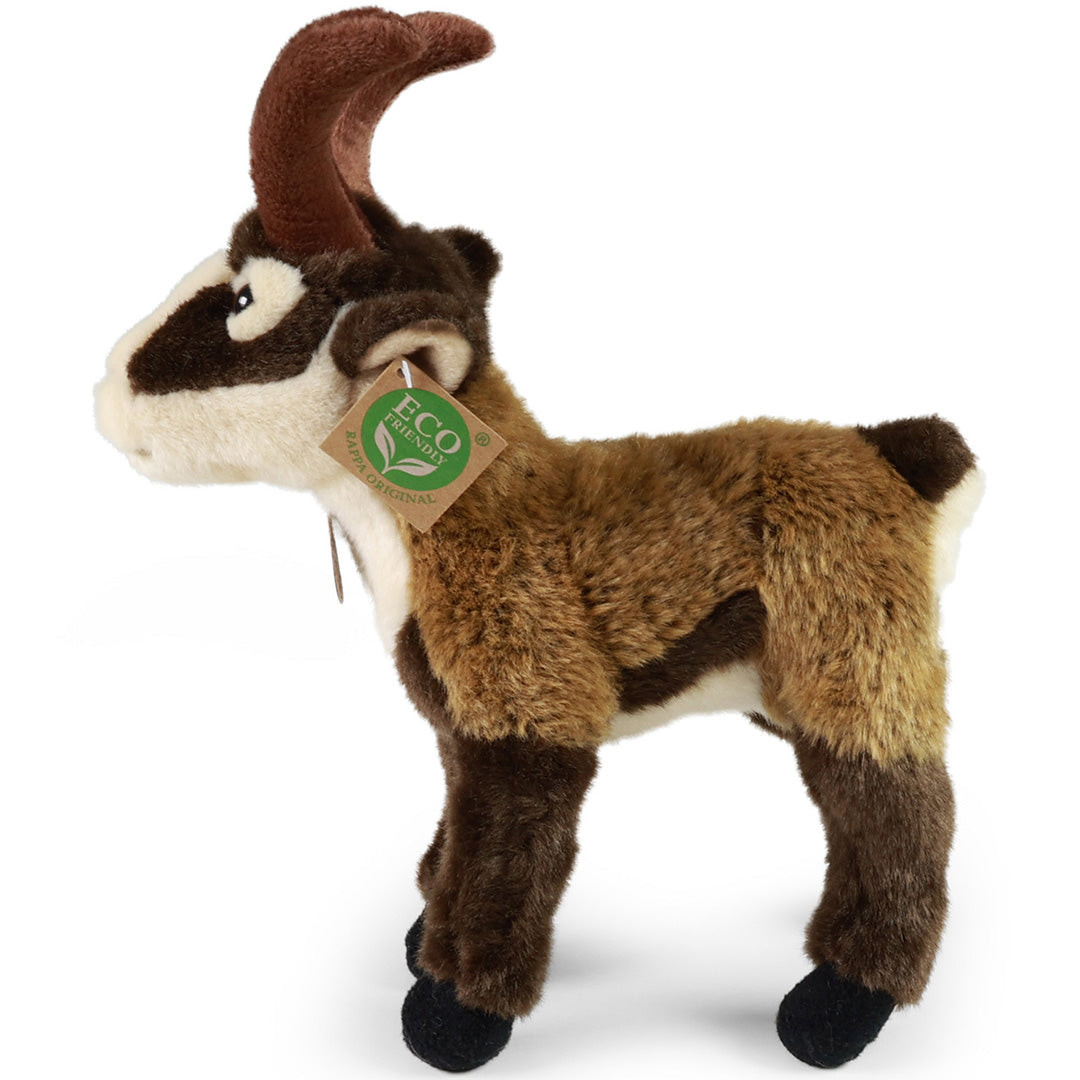 Rappa pluchen gemsbok knuffel, van de zijkant gezien, met productlabels.