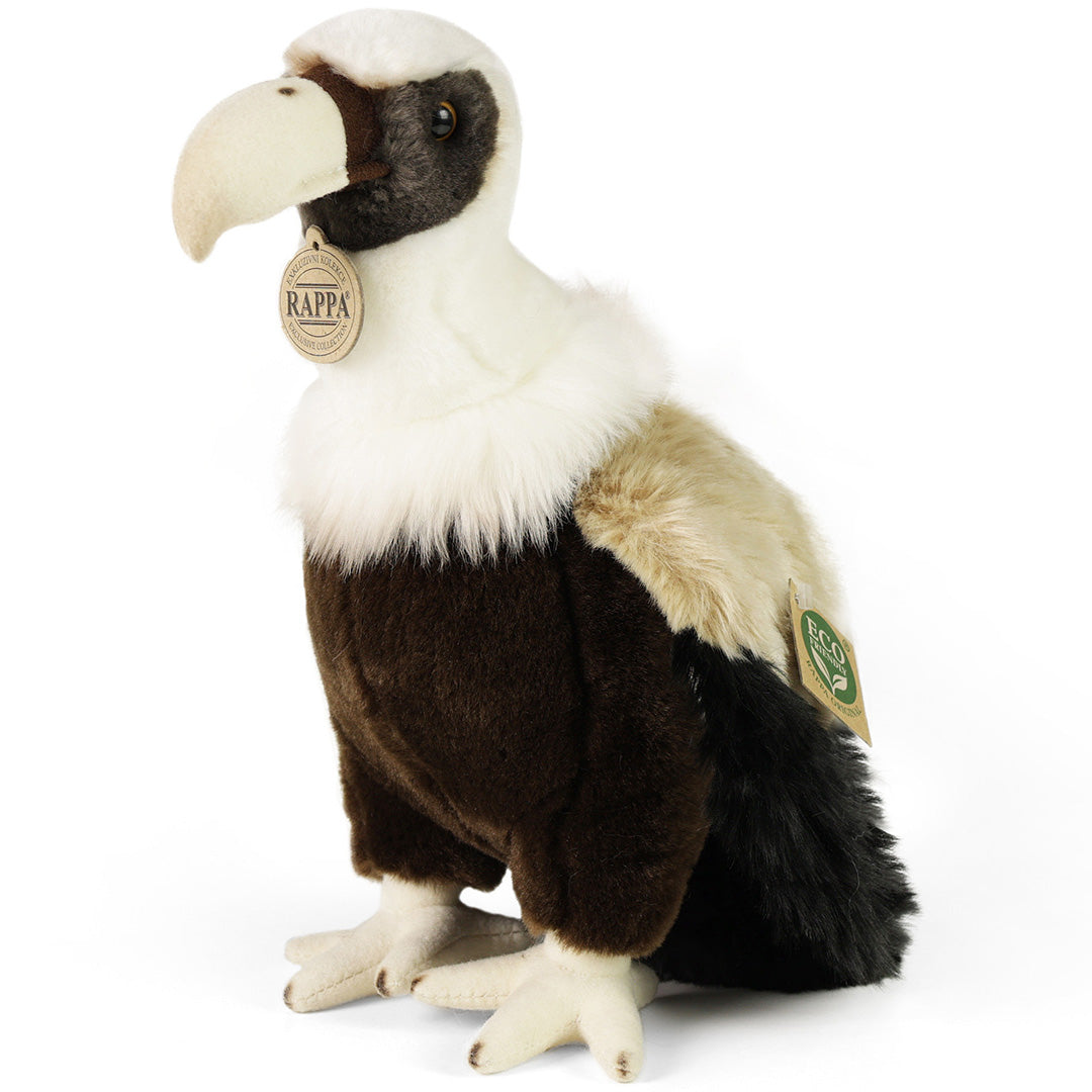 Rappa pluchen gier knuffel, schuin van voren gefotografeerd, met witte kop en bruin-zwart lichaam.