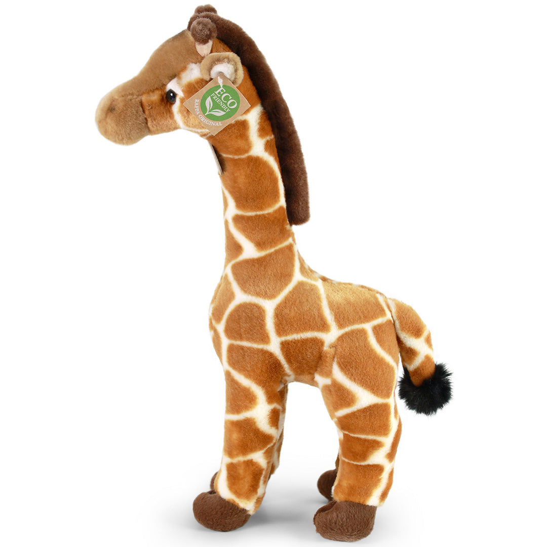 Rappa pluchen giraf knuffel, van de zijkant gefotografeerd.