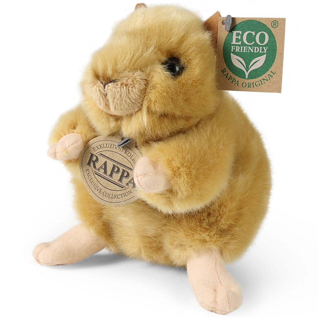 Rappa pluchen hamster in goudkleur, schuin van voren gefotografeerd met labels.