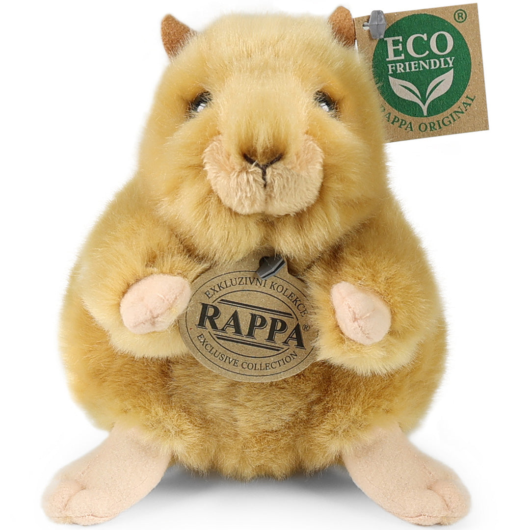 Rappa pluchen hamster in goudkleur, recht van voren gefotografeerd met labels.