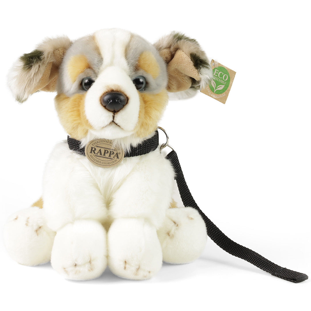 Rappa pluchen Australian Shepherd hond met halsband en riem, van voren gezien.