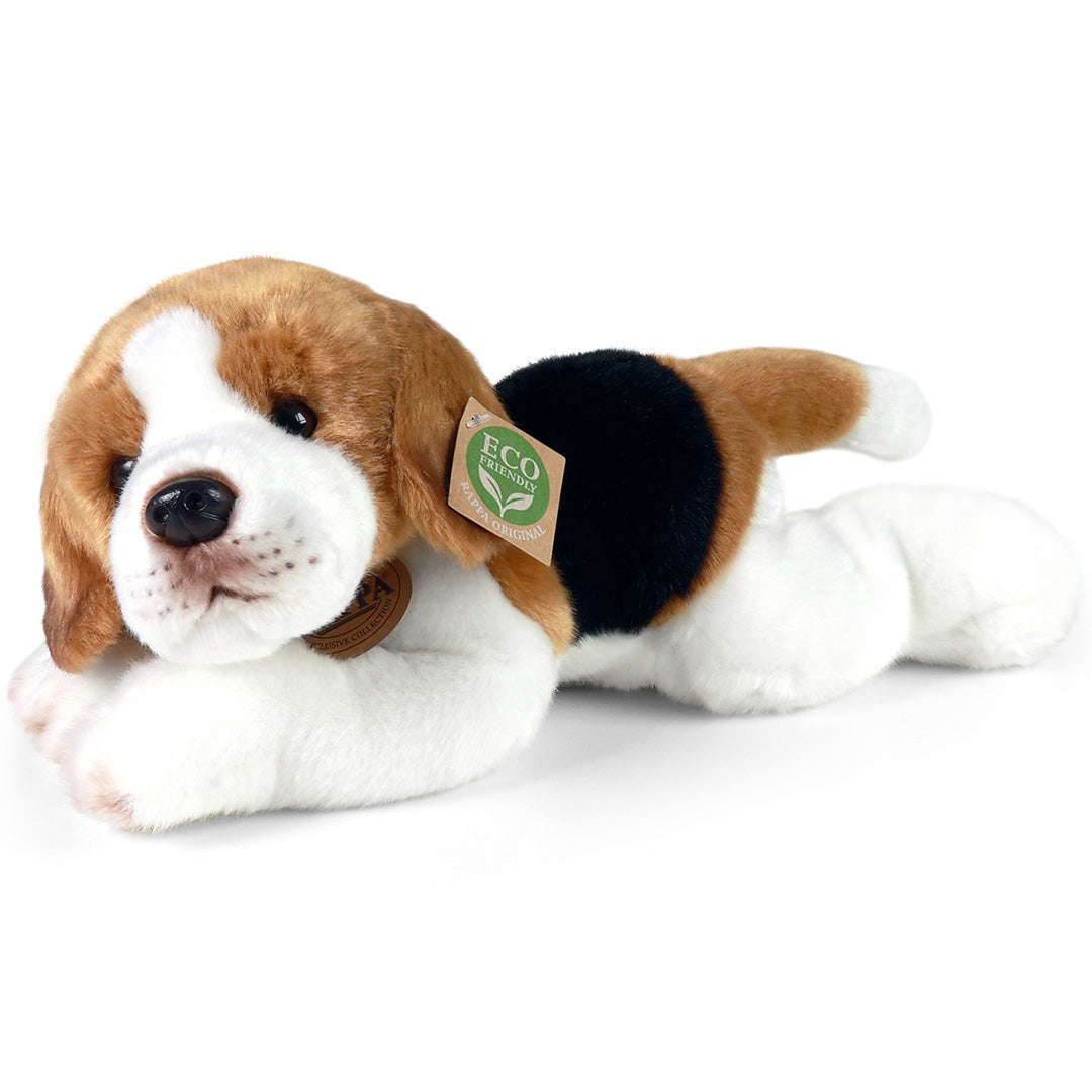 Rappa pluchen knuffelhond beagle, liggend en gezien van schuinvoor.