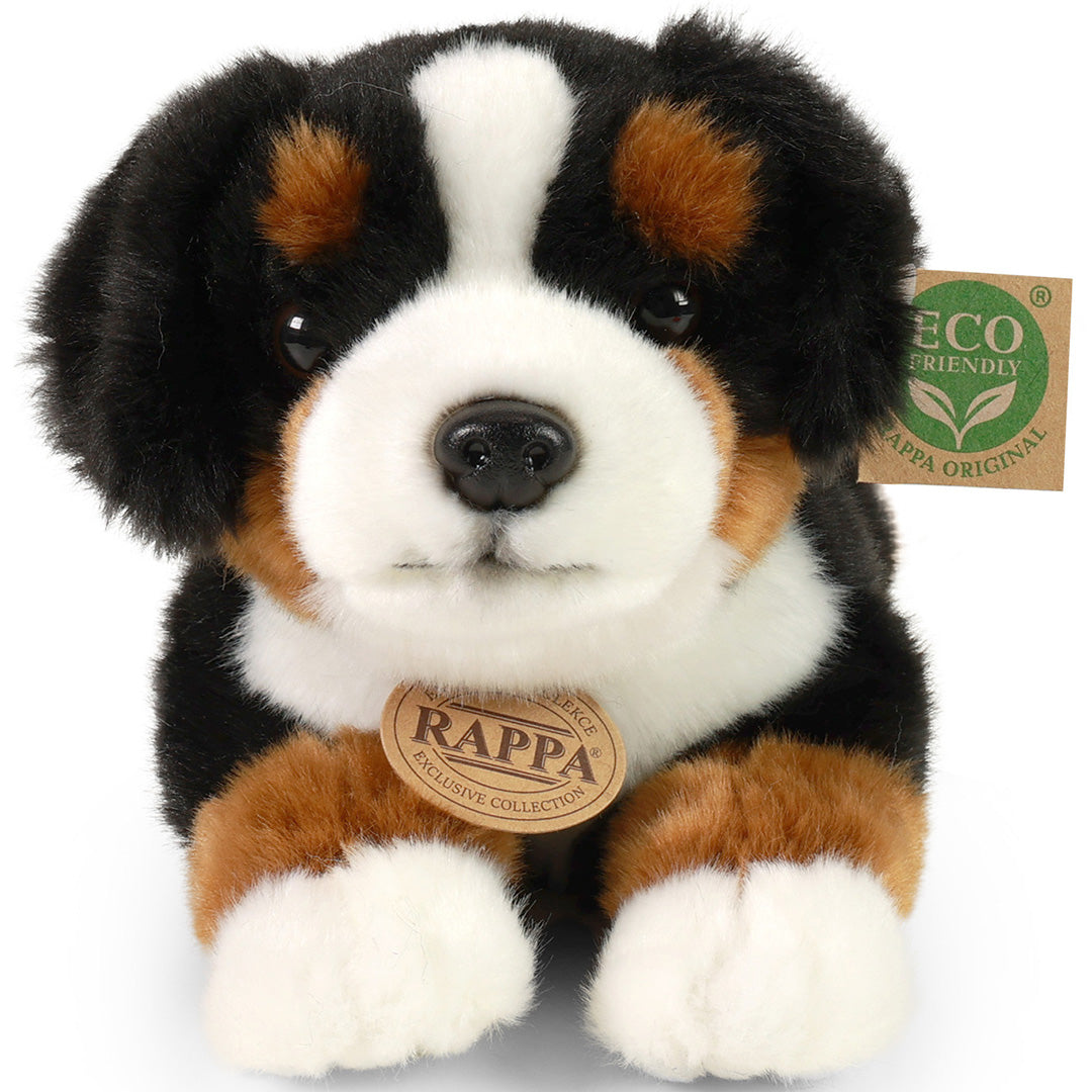 Rappa pluchen Berner Sennen hond zittend, van voren gezien.