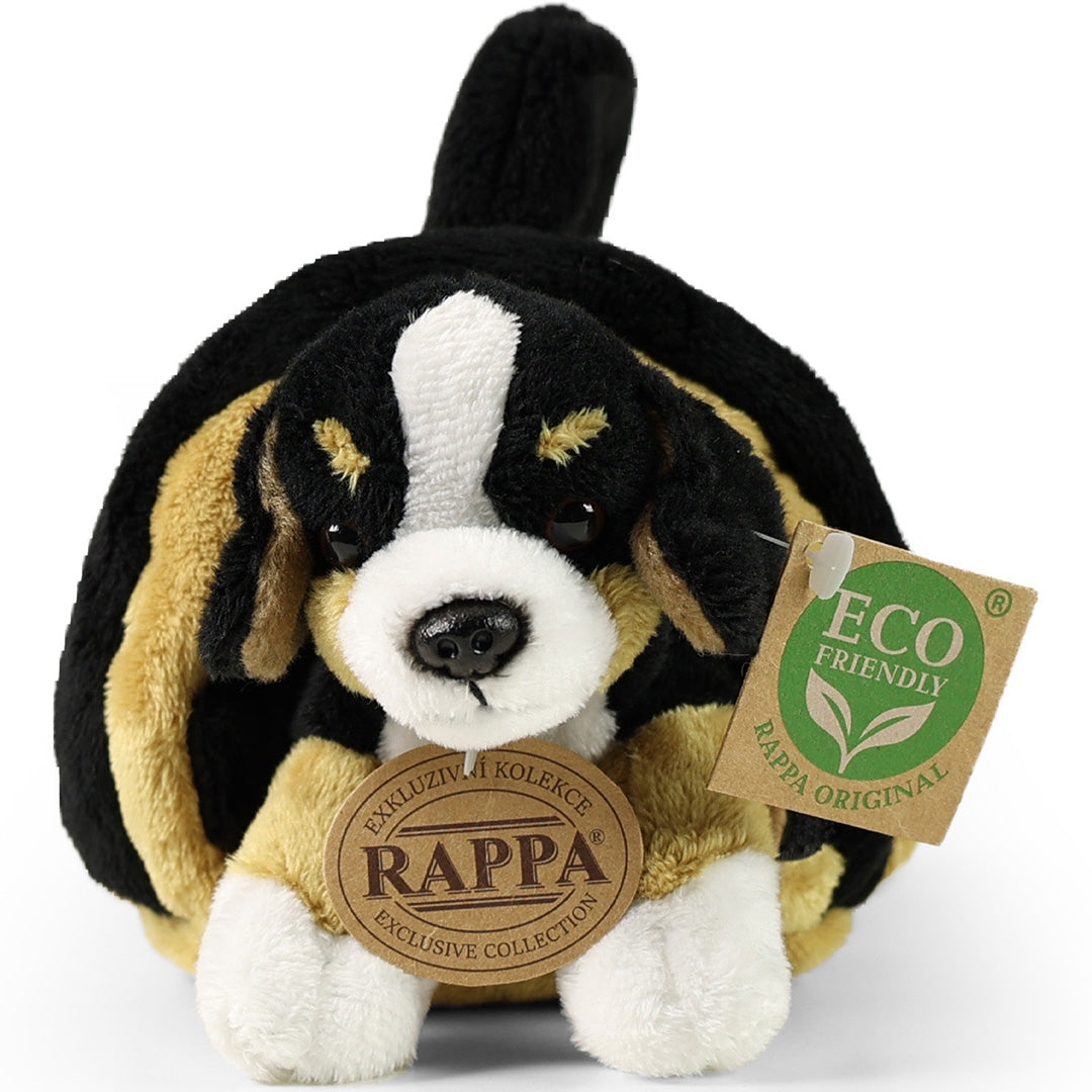 Rappa knuffelhond in de vorm van een Berner Sennen, liggend in zijn pluchen draagtas, van voren gezien.