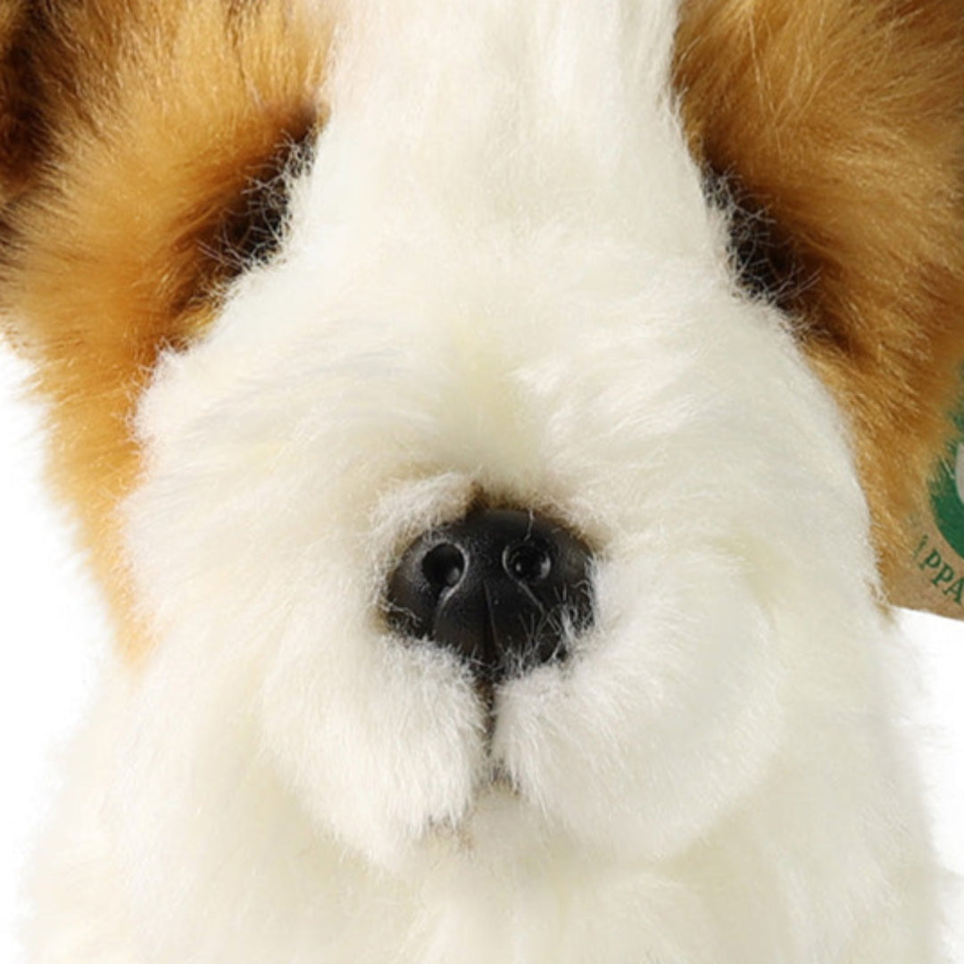 Detailopname van de snuit van de Rappa pluchen fox terrier knuffelhond.