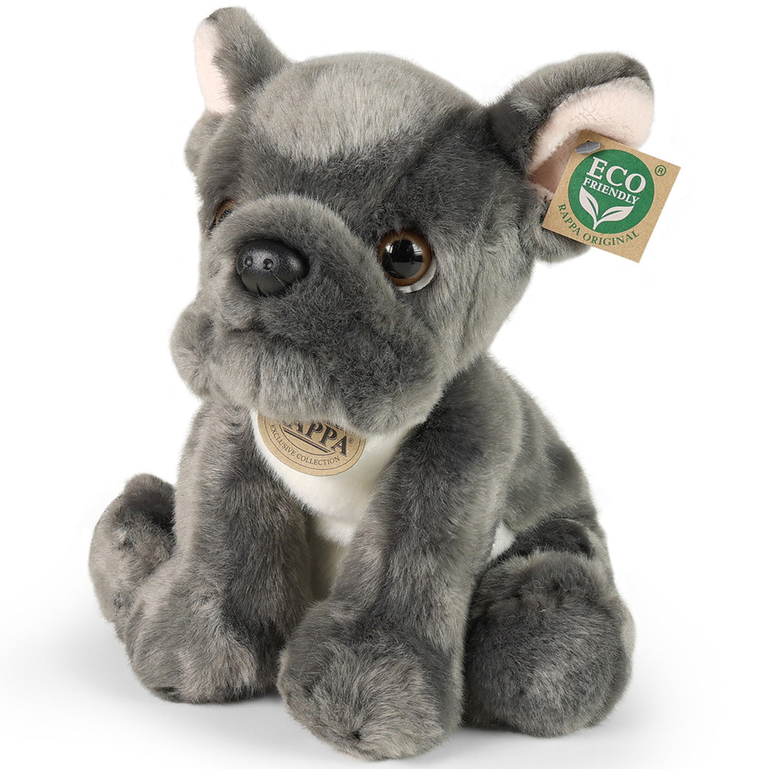 Rappa pluchen Franse bulldog knuffel in grijs, zittend en schuin gefotografeerd.