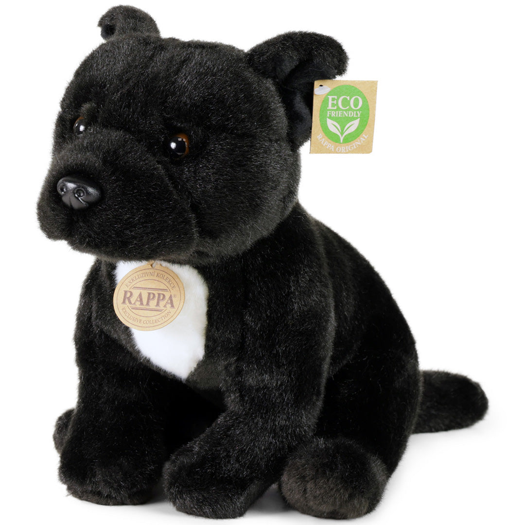 Rappa pluchen stafford hond, zwart met witte borst, schuin zittend.
