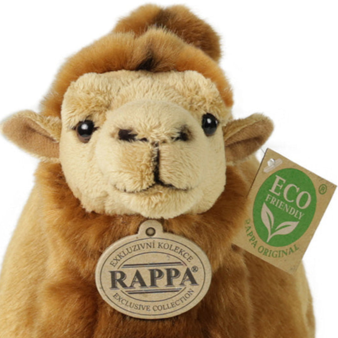 Detailopname van de kop van de Rappa pluchen kameel met zichtbare merk- en eco-tags.