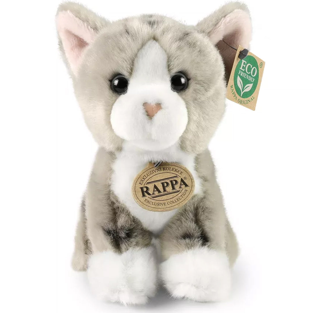 Rappa pluchen kat in grijs en wit, van voren gezien met labels.
