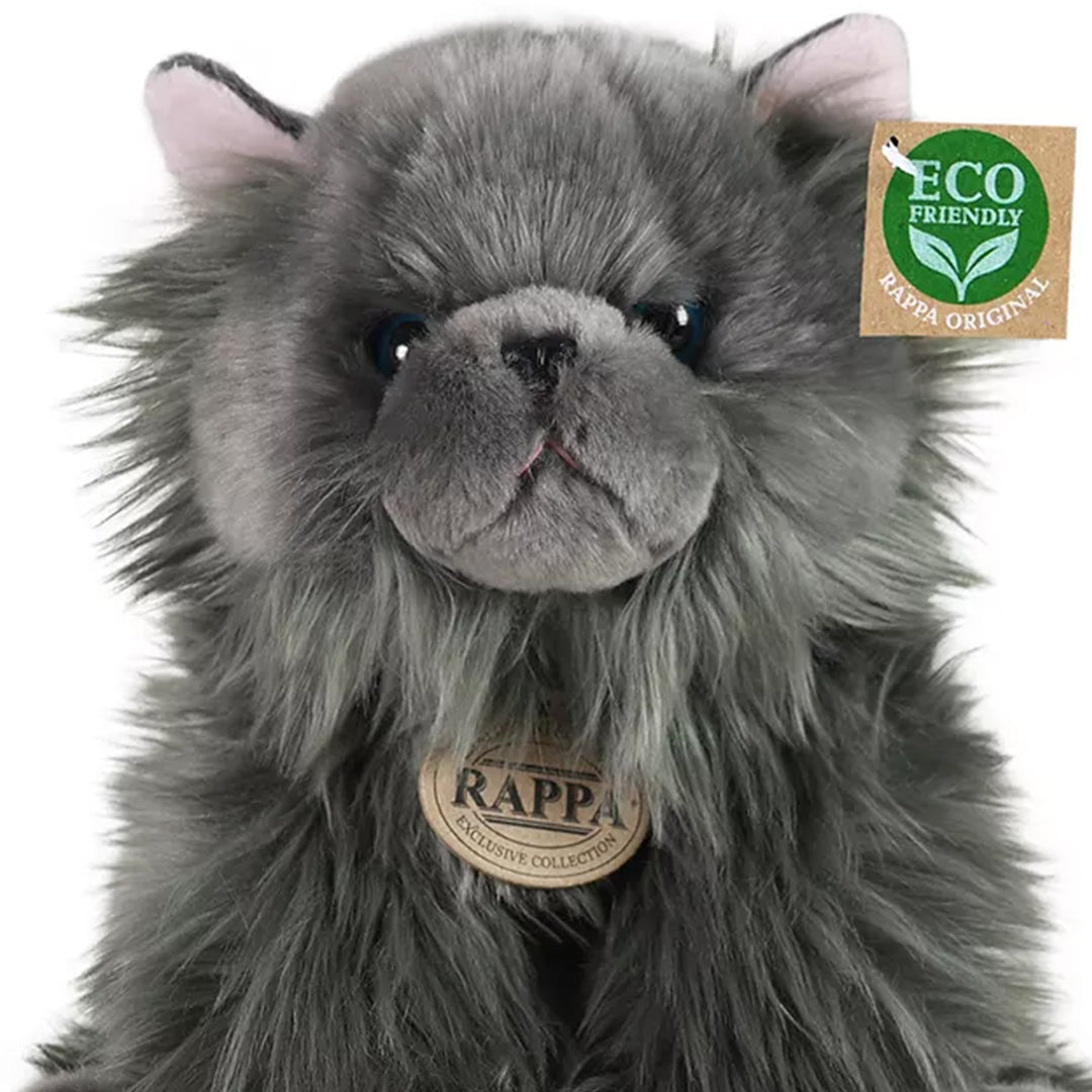 Detailopname van de Rappa Perzische knuffelkat, grijs en pluizig, met productlabels.