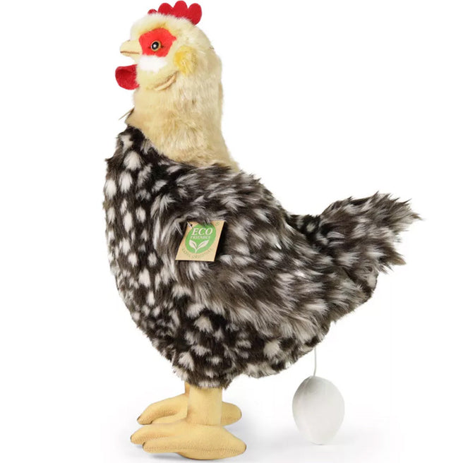 Rappa pluchen kip met gespikkeld verenkleed en een wit ei.