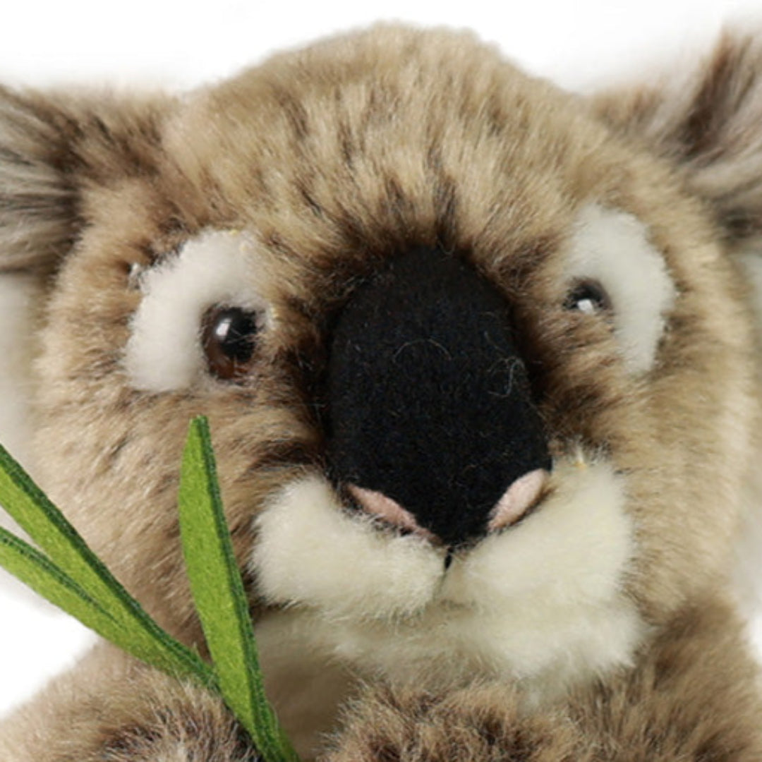 Close-up van het gezicht van de Rappa pluchen koala knuffel, die een groen takje vasthoudt.
