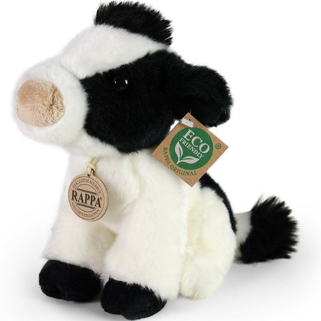 Rappa pluchen koe, zwart-wit, zittend, met productlabels.
