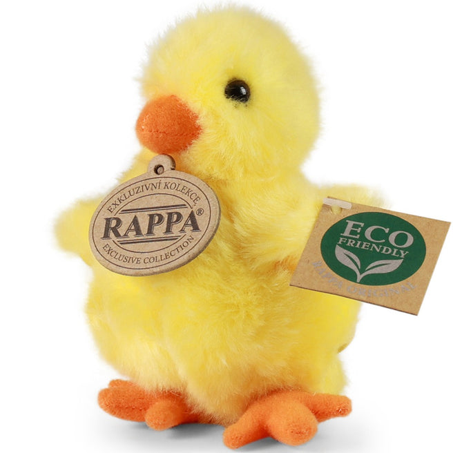 Rappa knuffelkuiken, schuin van voren gefotografeerd, met twee productlabels.