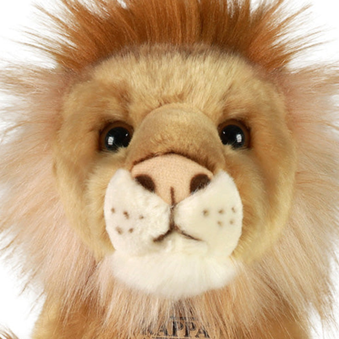 Detailopname van het gezicht van de Rappa pluchen leeuw knuffel.