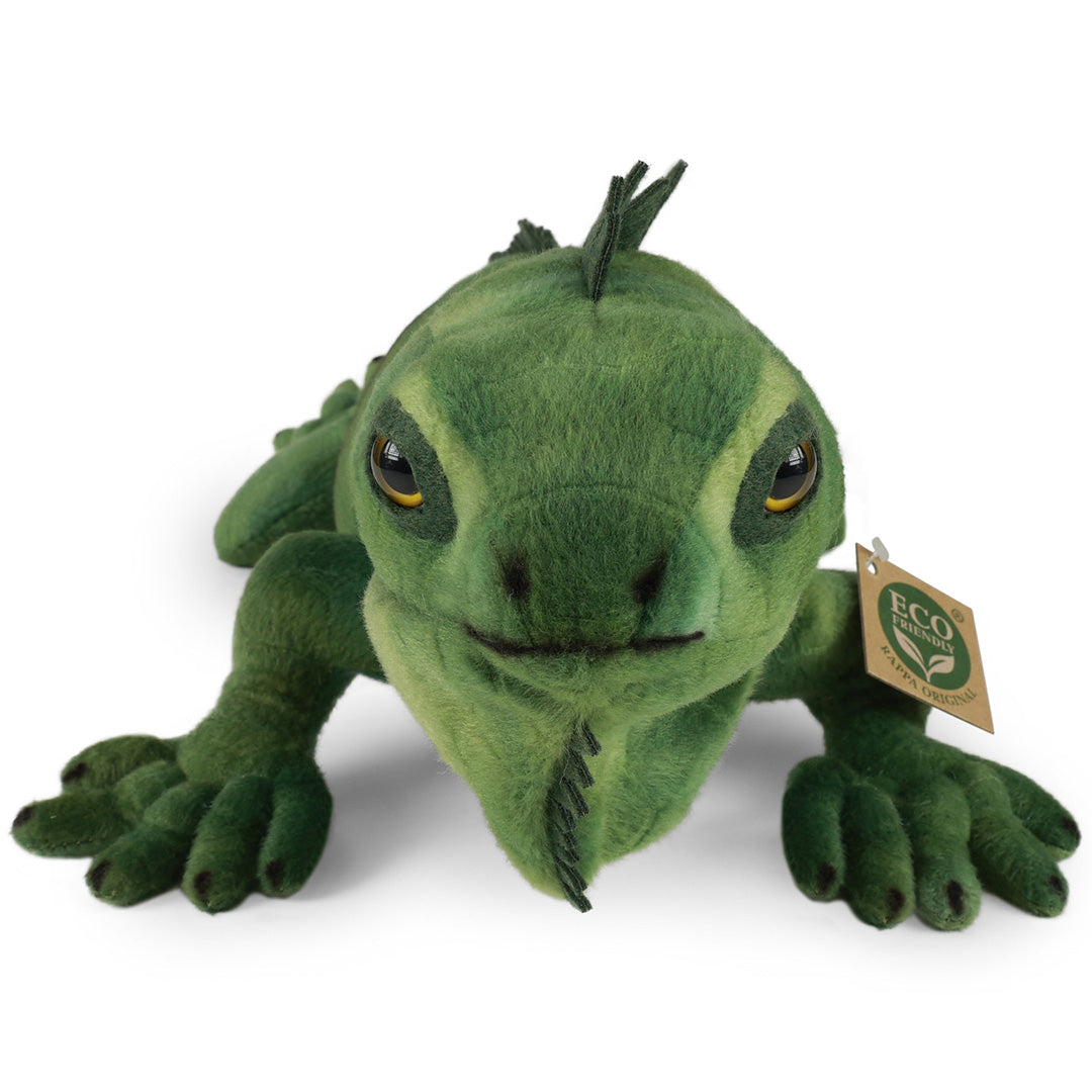 Rappa pluchen leguaan knuffel in het groen, recht van voren gezien.