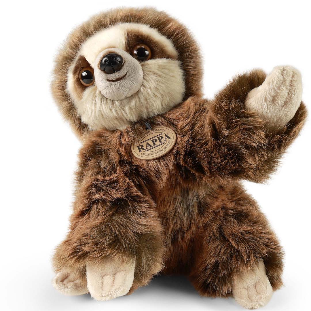 Rappa knuffelluiaard zittend met opgestoken arm, met productlabels.
