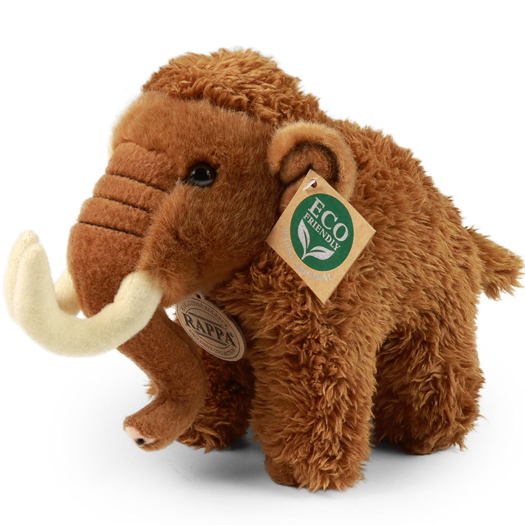 Rappa pluchen mammoet knuffel, schuin van voren gezien, met een 'Eco Friendly' label aan het oor.