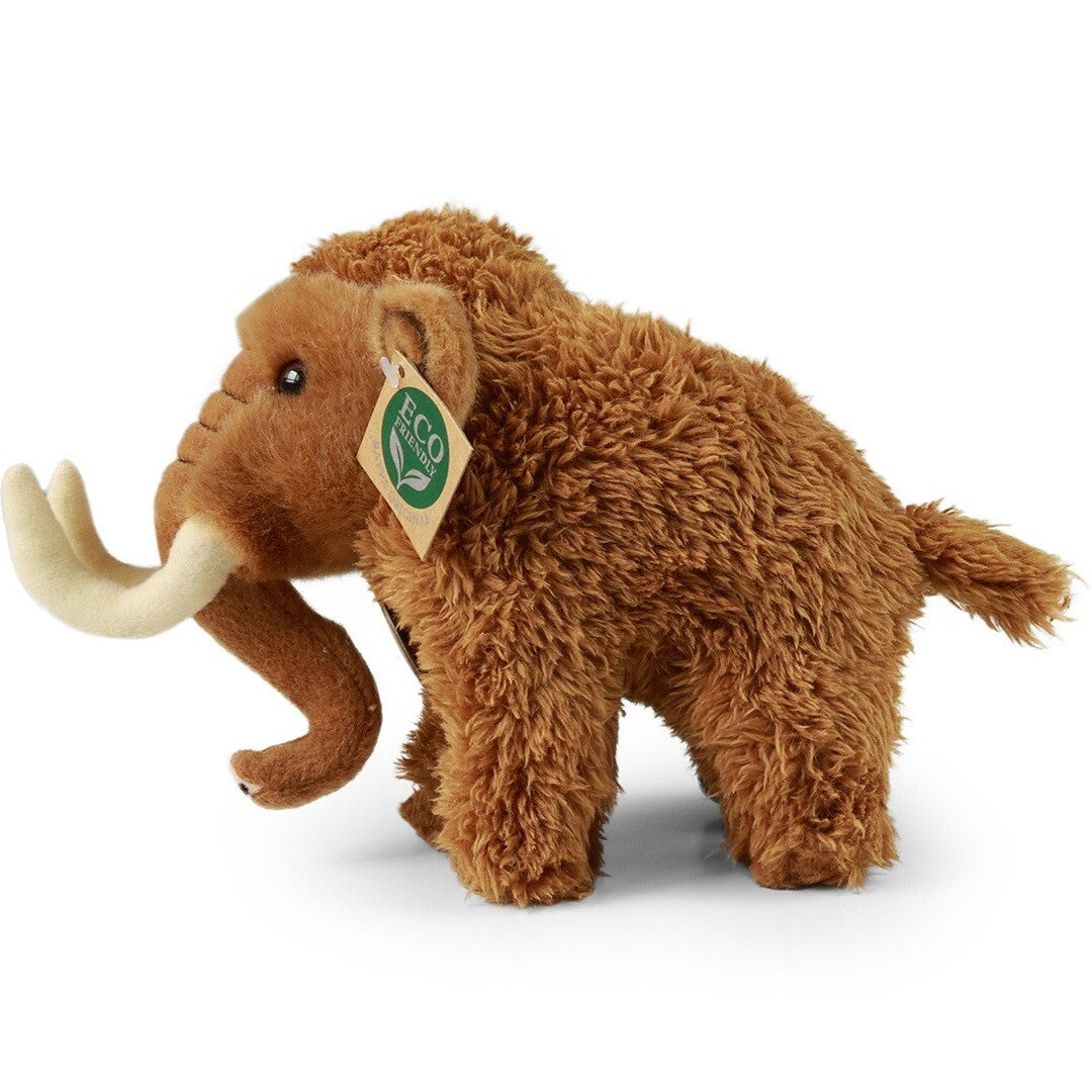 Rappa pluchen mammoet knuffel, van de linkerkant gezien, met de slurf naar beneden gekruld.
