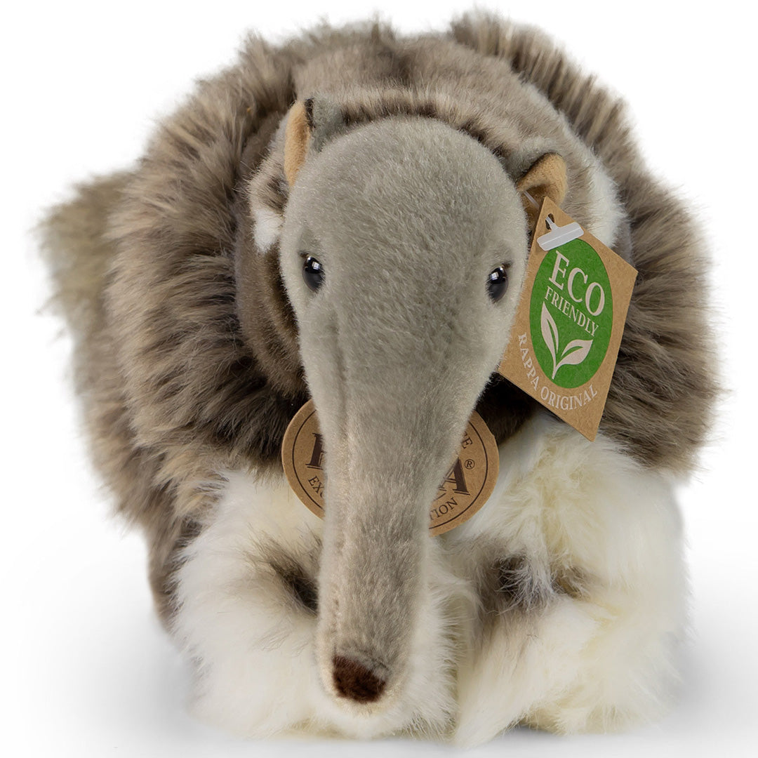 Rappa pluchen miereneter knuffel recht van voren gezien, met de lange snuit en ogen duidelijk zichtbaar.