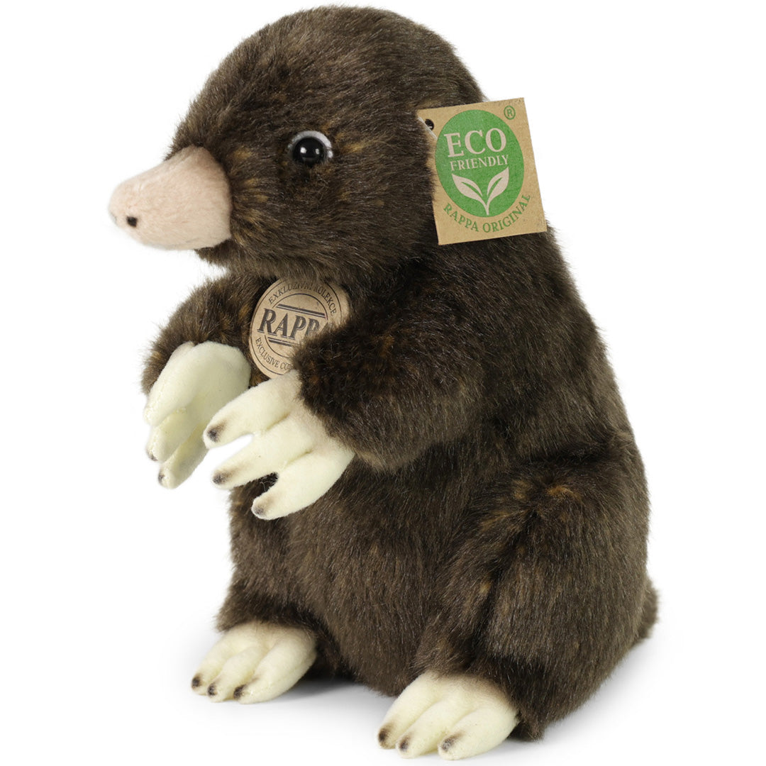 Rappa pluchen mol knuffel met 'Eco Friendly' label, staand op een witte achtergrond.
