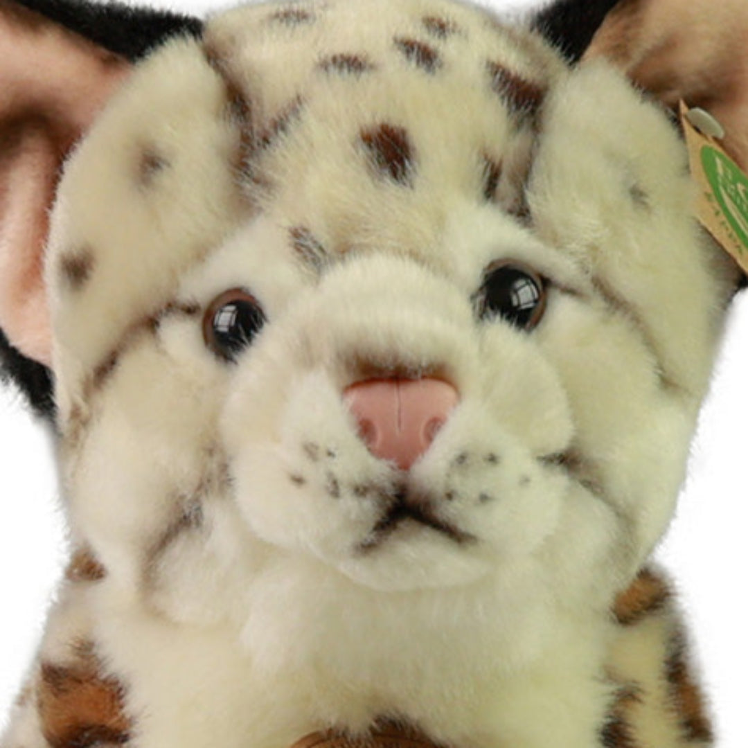 Detailopname van het gezicht van de Rappa pluchen ocelot knuffel.
