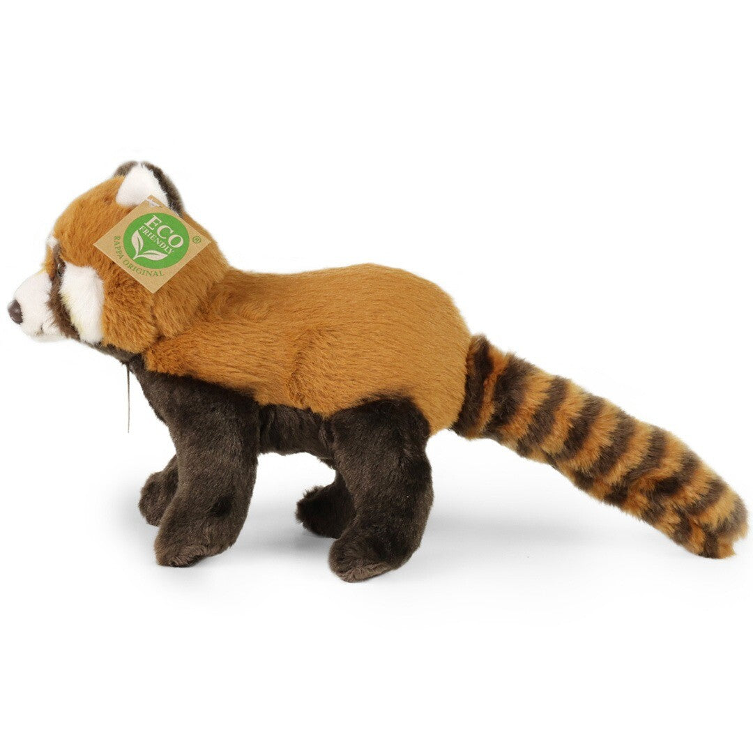 Rappa pluchen rode panda knuffel, van de zijkant gezien, met gestreepte staart.