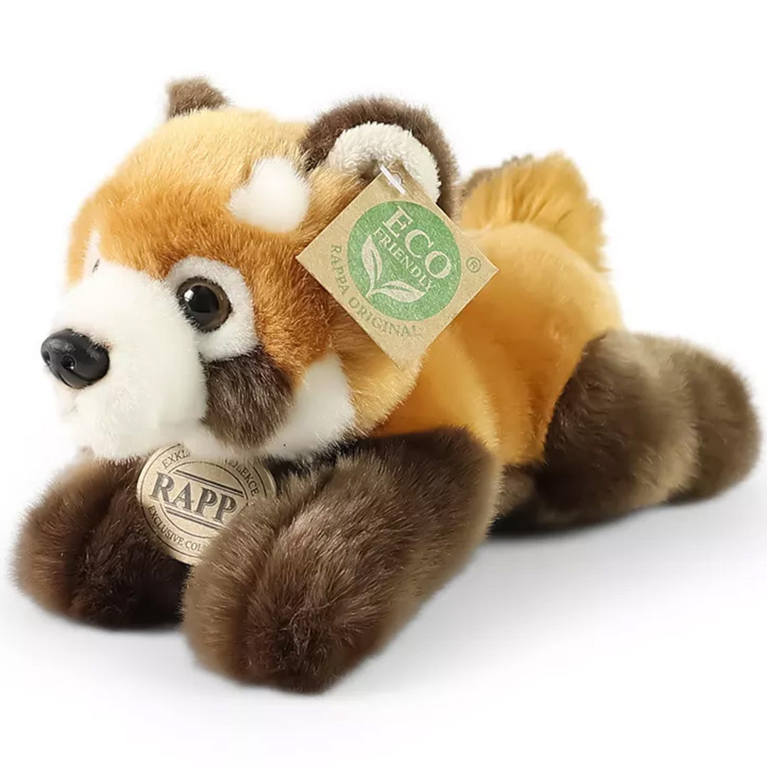 Rappa pluchen rode panda knuffel, liggend en schuin gefotografeerd, met productlabels.