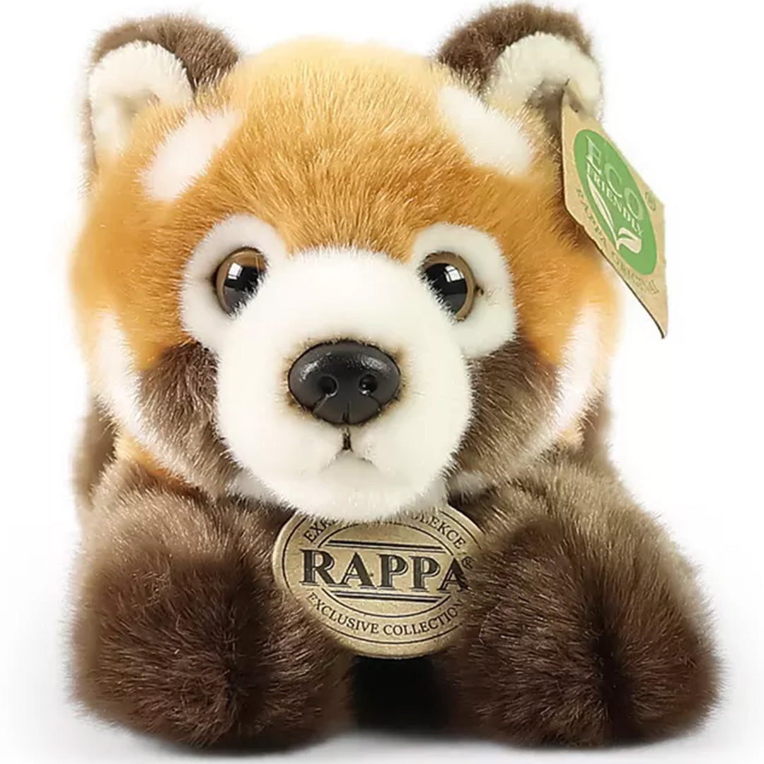 Rappa pluchen rode panda knuffel, liggend en van voren gefotografeerd, met productlabels.